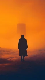 Lone silhouette approaching monolithic tower in orange haze.