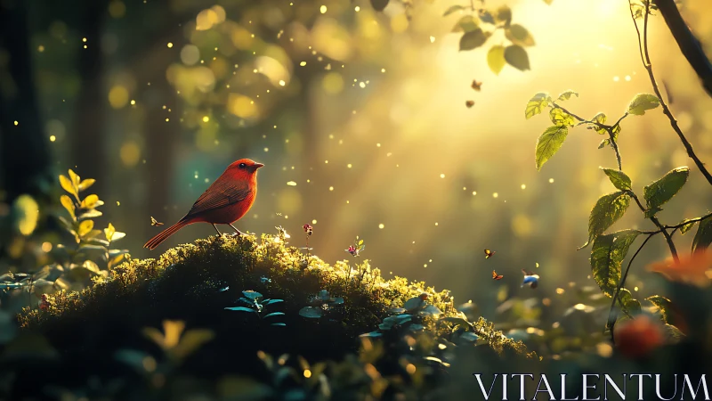 Vibrant red songbird in sunlit magical forest, digital art style.