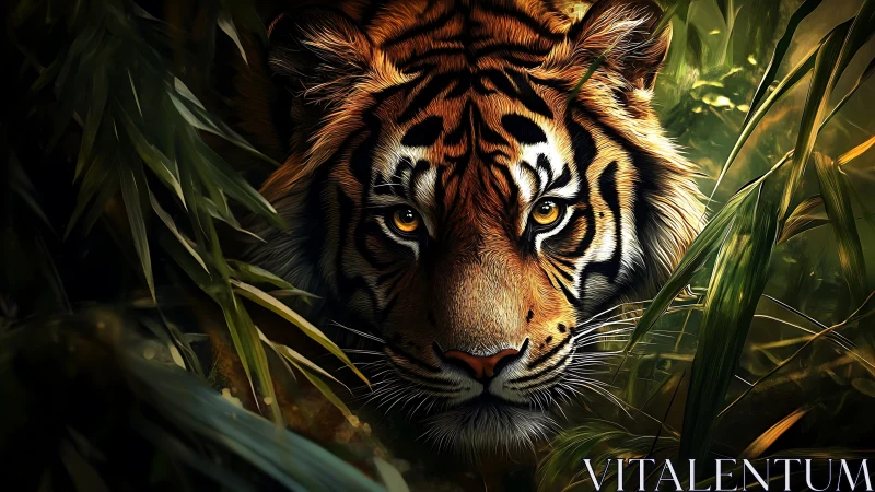 Predatory tiger stares through dense jungle foliage at viewer