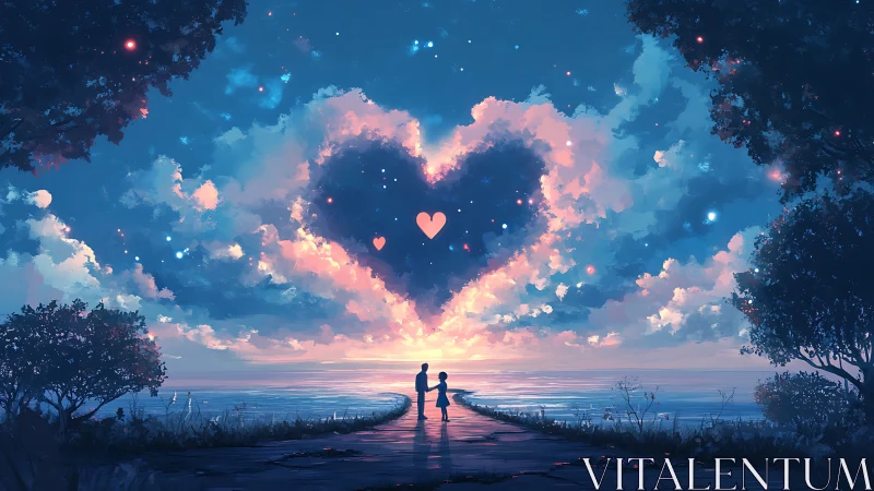 Heart-Shaped Cloud Formation Frames Silhouetted Couple at Twilight