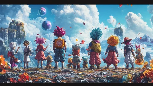 Anime adventurers overlook floating islands and twin worlds.