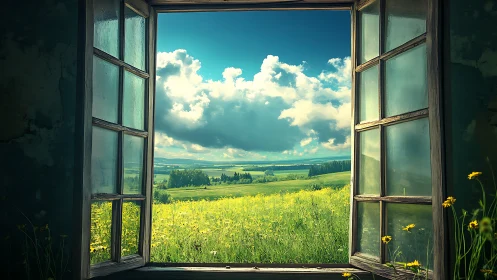 Open wooden window frames vivid spring meadow panorama
