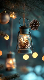 Lantern ornament with pinecones hangs among blurred holiday lights