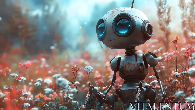 Small rusted exploration robot resting in pastel wildflower meadow