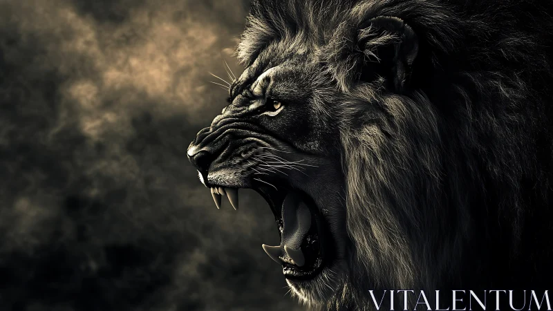 Roaring lion emerges from shadow in dramatic golden haze