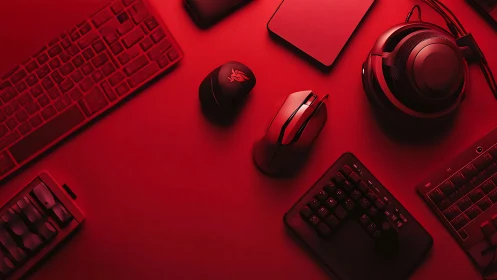 Monochrome red-lit gaming peripherals arrayed on desktop