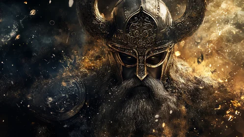 Viking warlord portrait in ornate horned helm, ember storm.