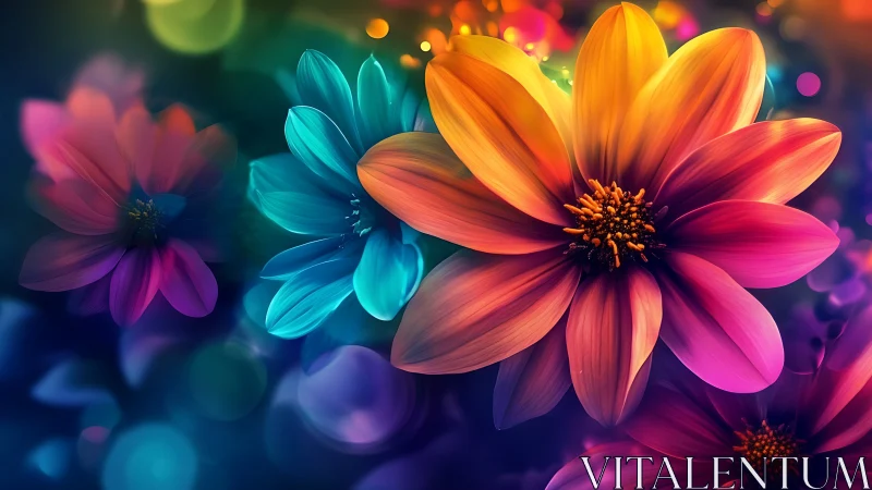 Neon Gradient Flowers with Vibrant Bokeh Backdrop.