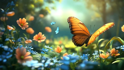 Sunlit monarch butterfly gliding above glowing meadow blooms.