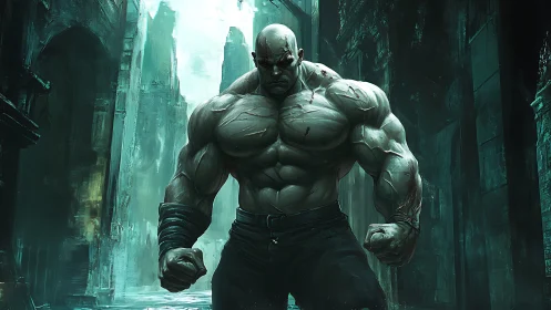 Muscular bald figure in ruined urban corridor at night.