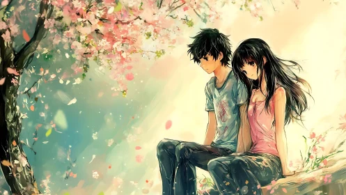 Two seated youths under spring tree in stylized landscape.