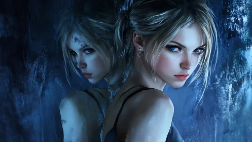 Mirror-twin gaze carves bright ice into midnight silence