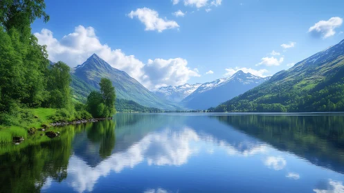 Mountain lake mirrors snow peaks under clear blue sky.