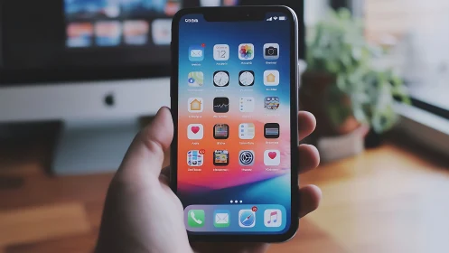 Hand holding iPhone displaying colorful app home screen in modern workspace setting