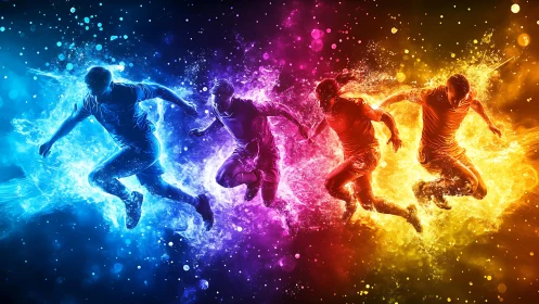 Electric sprint quartet racing through neon color storms.