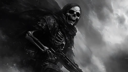 Skeletal combat reaper advances through stormy monochrome battlefield