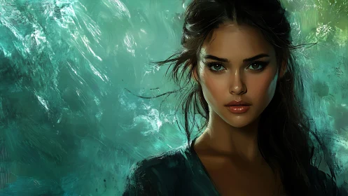 Focused digital portrait of woman against teal abstract field.