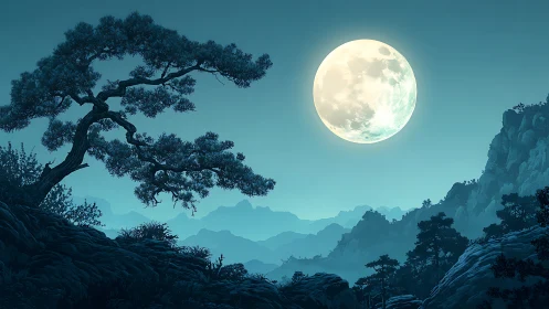 Moonlit pine bending over misty cobalt mountain hush.