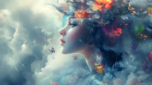 Surreal female profile blended with clouds and flowers.