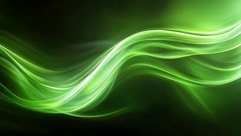 Luminous green light waves over dark abstract background.