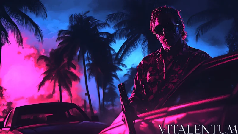 Neon lit gunman beside car under tropical palm trees.
