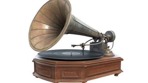 Vintage gramophone with large brass horn on wood base.