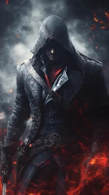 Hooded rogue in ember-lit fog with cinematic digital armor.