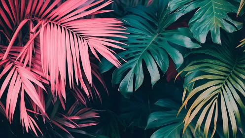 Dreamy pink and teal tropical leaves in cozy harmony.