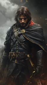 Brooding fantasy warrior stands ready in stormlit embers