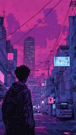 Lone figure in neon city street under magenta dusk sky.