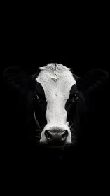 Curious black and white cow emerging from soft darkness.