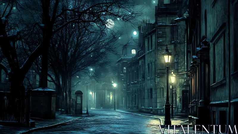 Nocturnal cobblestone street under cold volumetric moonlight glow