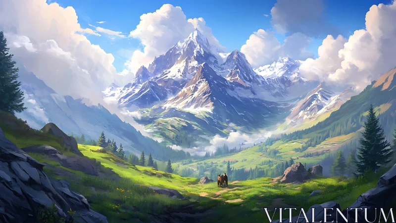 Mountain valley landscape with two riders under cloud formations.