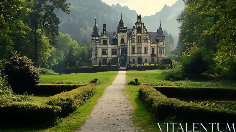 Neo-gothic castle rises beyond manicured forest garden.