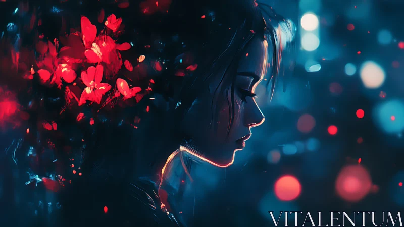 Melancholic girl in neon bokeh glow reflects in silence