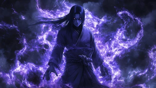 Dark sorcerer commands violet ethereal energy vortex.