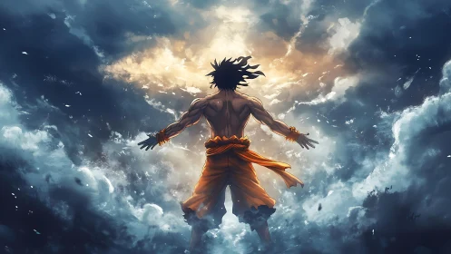 Stormbound warrior ascending through shattered clouds.