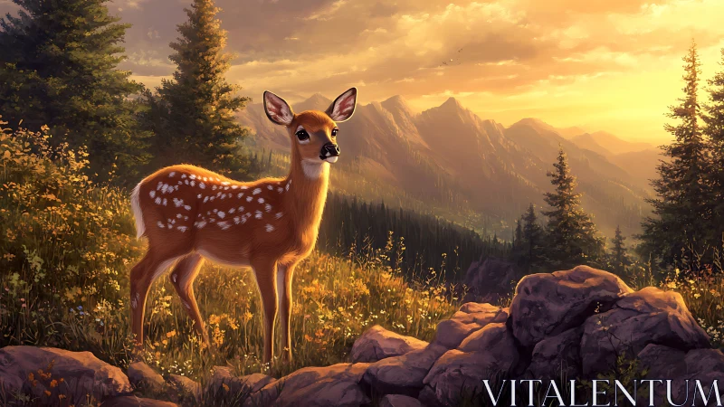 Young deer in sunlit meadow with mountain backdrop, digital art.