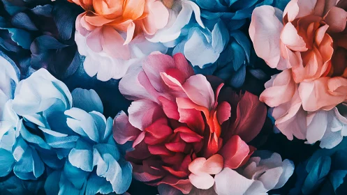 Rendered Chromatic Floral Composition: Tonal Convergence of Coral, Magenta, and Cyan Blooms.