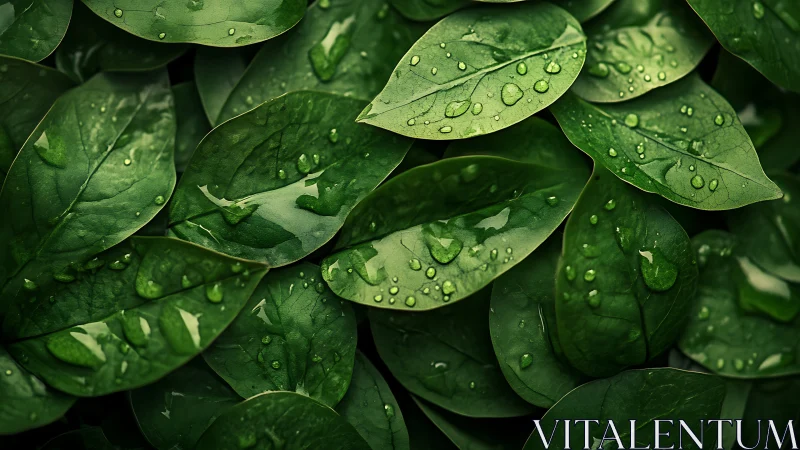 Green leaves covered in fresh raindrops, close-up view.