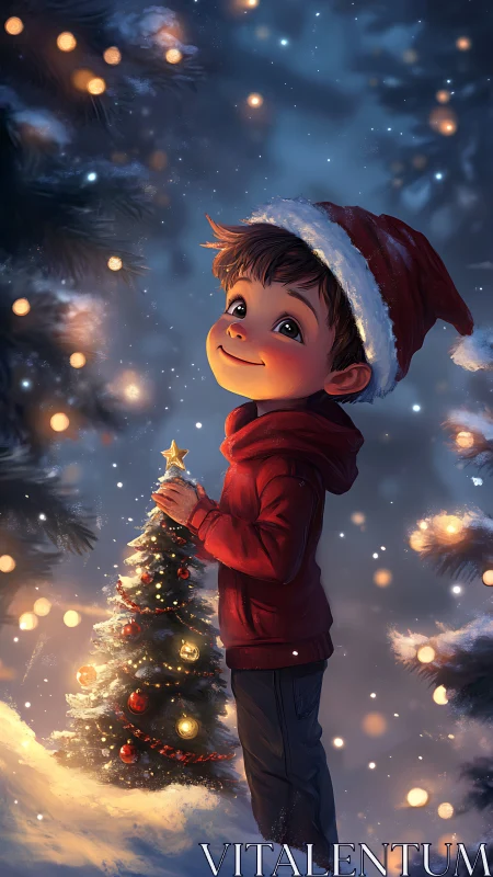 Young boy decorating outdoor Christmas tree in snow.