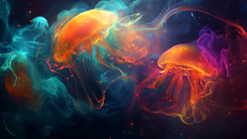 Digital rendering shows luminous jellyfish forms in motion