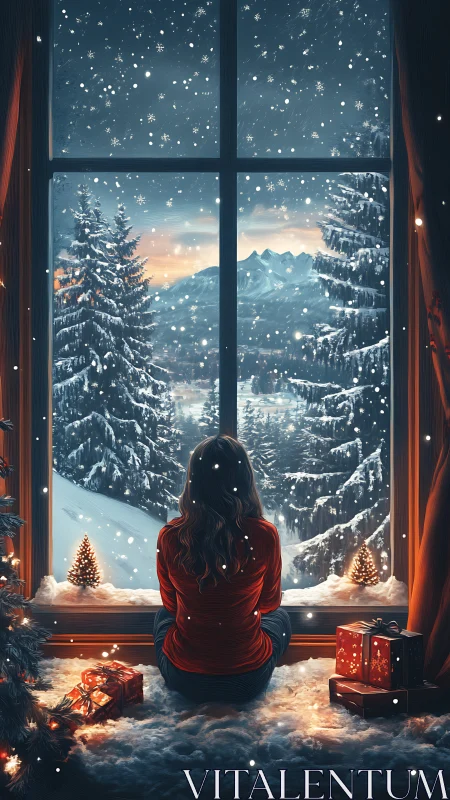 Winter window daydream over snowy pines and distant peaks.