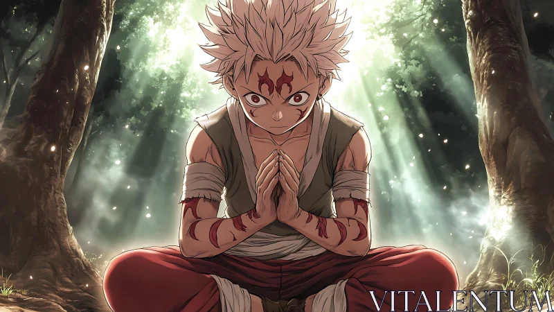 White-haired anime warrior meditating in glowing forest.