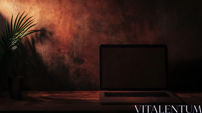 Shadowed laptop waits quietly beneath rust-tinted evening light