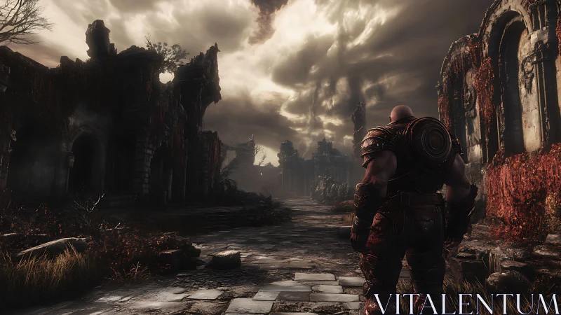 Armored figure in ruined stone city under dense overcast sky.