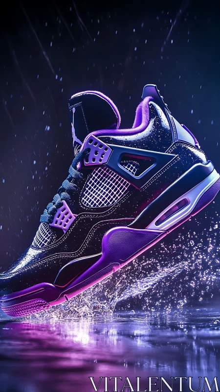 Neon-lit basketball sneaker slices through splashing water