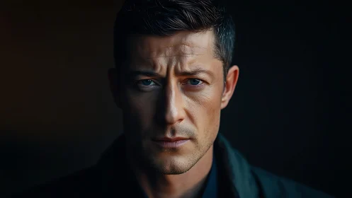 High-contrast male portrait with cinematic shallow depth of field.