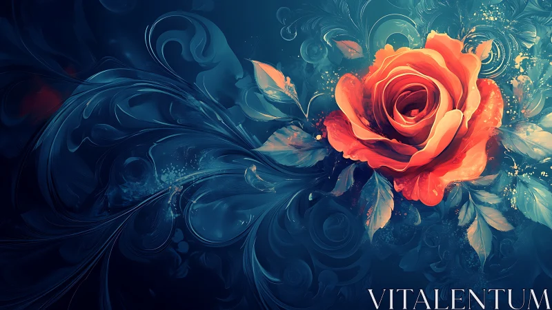 Radiant Rose Blooms Against Deep Blue Abstraction.