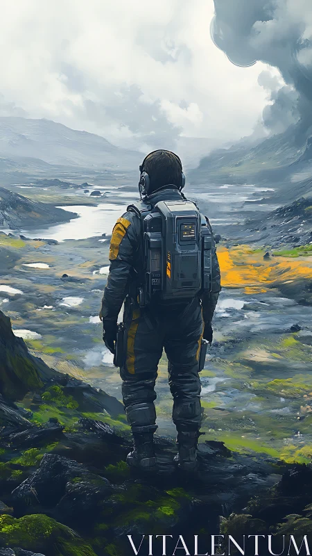 Solitary astronaut surveys a misty alien valley at dawn